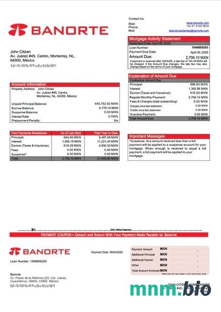 Meksyk Banorte wyciąg z kredytu hipotecznego szablon Word i PDF